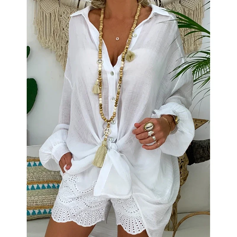 Customized Long Sleeve Linen Shirt White Button Down Shirt Loose Casual Cotton Blouse Womens Tops and Blouses Shirts Blusas