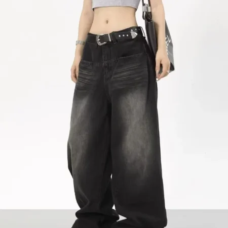 2024 New Black High Waist JeansY2K Harajuku Streetwear Baggy Jeans Hip-hop Women Pants Autumn Straight Wide Leg Trousers Women