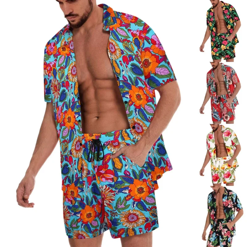 New Men Hawaiian Sets Printing 2023 Summer Short Sleeve Button Shirt Beach Tracksuit Shorts Streetwear Casual Mens Suit 2 Pieces