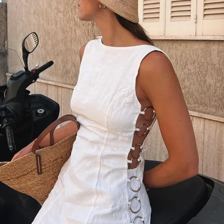 Sexy Metal Loop Splicing Hollow Out Dress Women Fashion O Neck Sleeveless Bodycon Short Dresses Summer New Lady High Street Robe