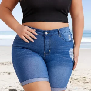kf-Sb4c8d19bd9ea4787bf9341390fe74d45V-Stylish-Curled-Holes-Denim-Shorts-Women-Hot-Pants-Classic-Solid-Skinny-Pencil-Short-Comfort-Plus-Size Stylish Curled Holes Denim Shorts Women Hot Pants Classic Solid Skinny Pencil Short Comfort Plus Size Mid Waist Stretchy Jeans
