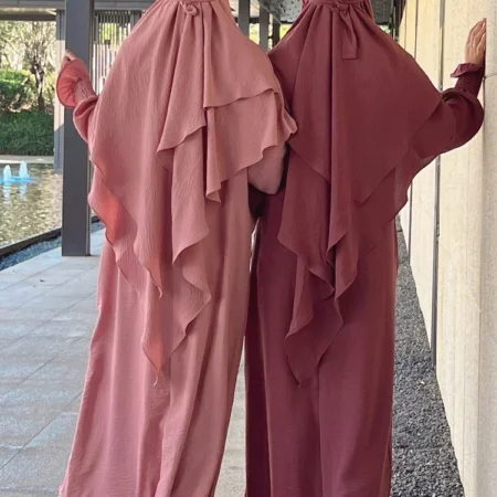 Ramadan Eid Hooded Abaya Jilbab 2 Piece Set Muslim Prayer Outfit Jilbabs for Women Long Khimar Hijab Dress Islamic Niqab Burka