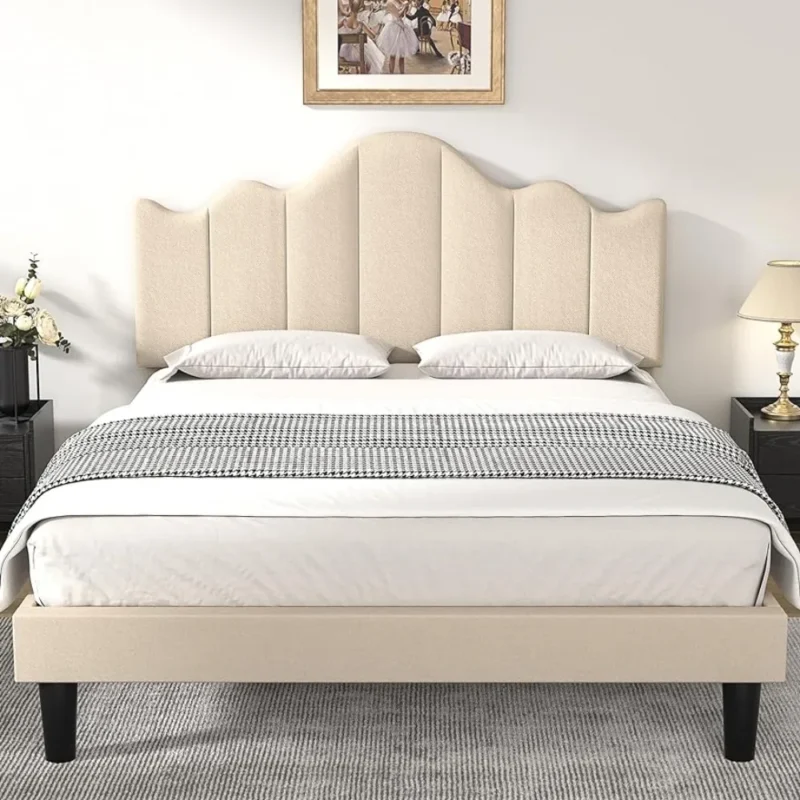 Upholstered platform bed frame with adjustable headboard, plank support, noiseless, no box spring, easy assembly