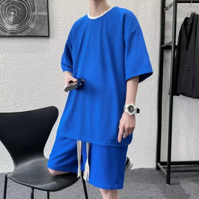 2Pcs/Set Leisure Outfit Simple Knee Length Sportswear Suit Summer Pure Color Men Tracksuit Streetwear