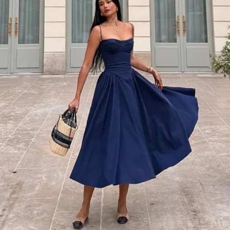 Suninheart Elegant Spaghetti Strap Midi Dress Slim A Line Party Dresses Navy Blue Casual Birthday Holiday Dress Women's clothing