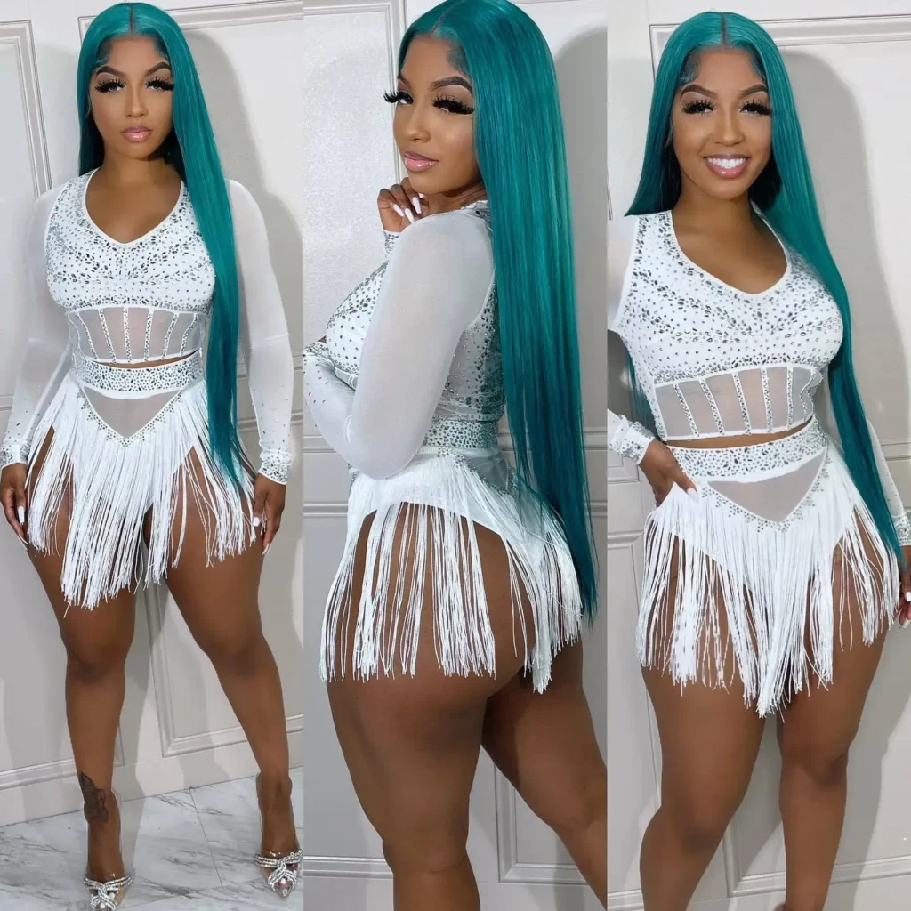 Two Piece Set for Women Summer Sexy Party Outfits Mesh See Though Diamonds Long Sleeved Crop Top and Tassel Mini Skirt Suit