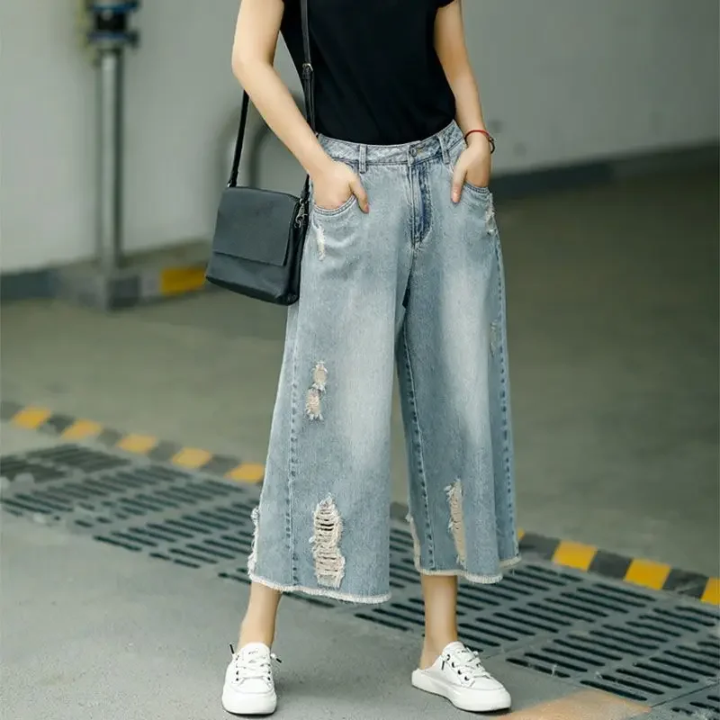 New in Pants and Capris Women's Denim Ripped Jeans Summer Clothes Baggy Jean Y2k Streetwear Wide Leg Pant Womens Clothing Grunge