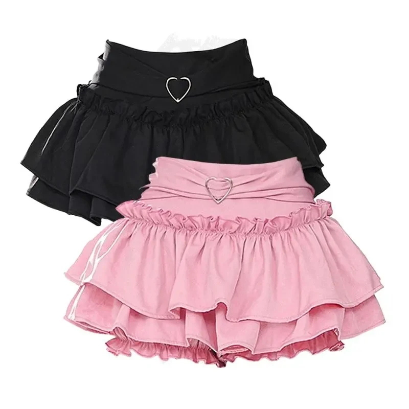 Women's Black Pink Vintage Korean Japanese Ruffles Mini Pleated Skirts Kawaii Aesthetic High Waist A-line Skirt Alt Clothes