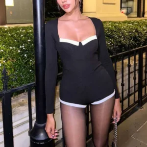 Square Collar Playsuit Women Fall Chic Patchwork Long Sleeve Skinny Stretch Long Sleeve Romper Streetwear Overalls