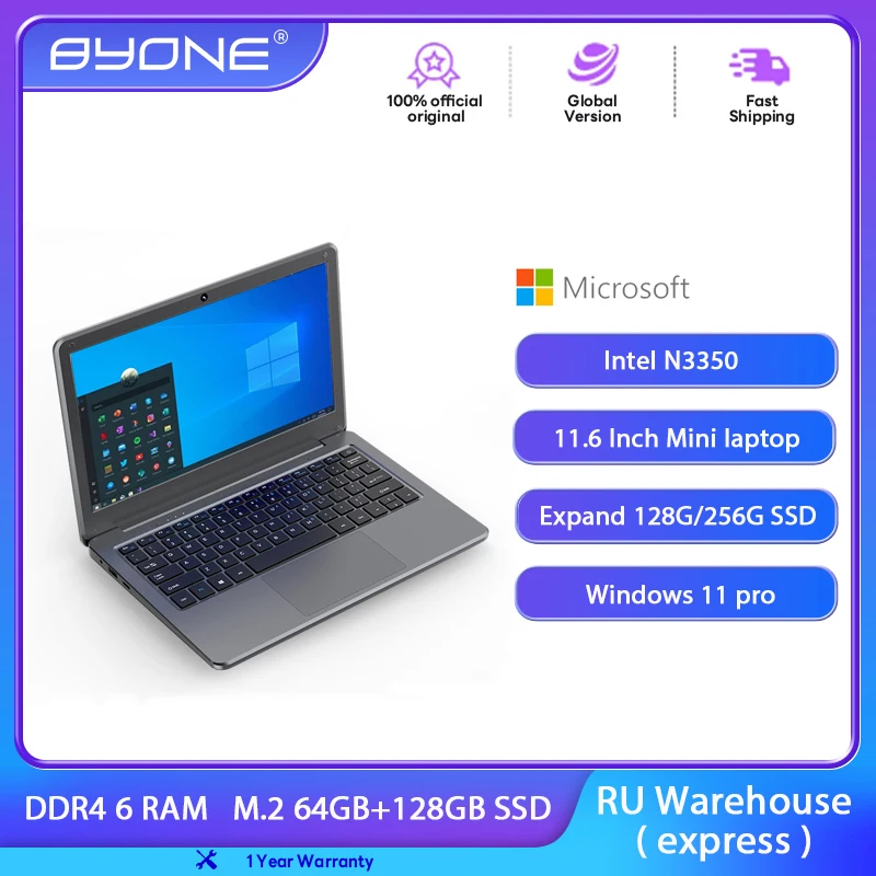 BYONE 11.6 Inch Mini Laptop Intel N3350 Cheap laptops 6GB RAM 64GB SSD Student Office Small Portable Netbook With WIFI Bluetooth