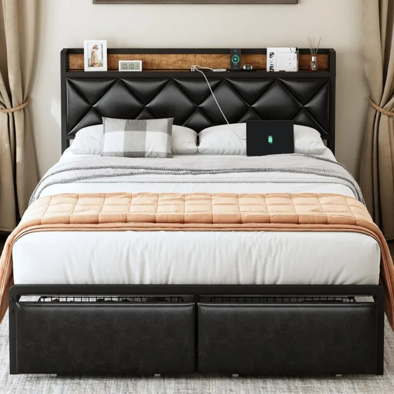 Queen Size Bed Frame with Storage Headboard and Velcro Drawers, Black Upholstered Leather Bed with 2 Socket Charging