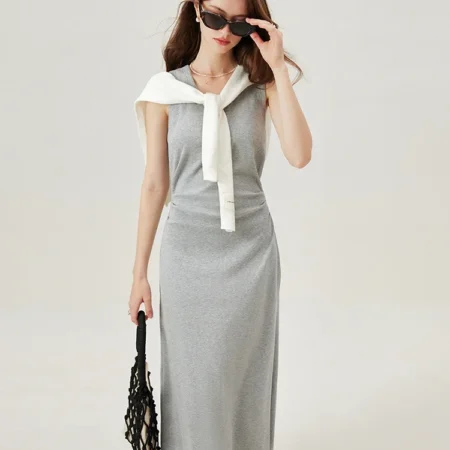 FSLE T-Shirt Dress Sleeveless Long Spilt Grey Dresses Pleated Short Sleeve A-LINE Dress 24FS12440+24FS12883