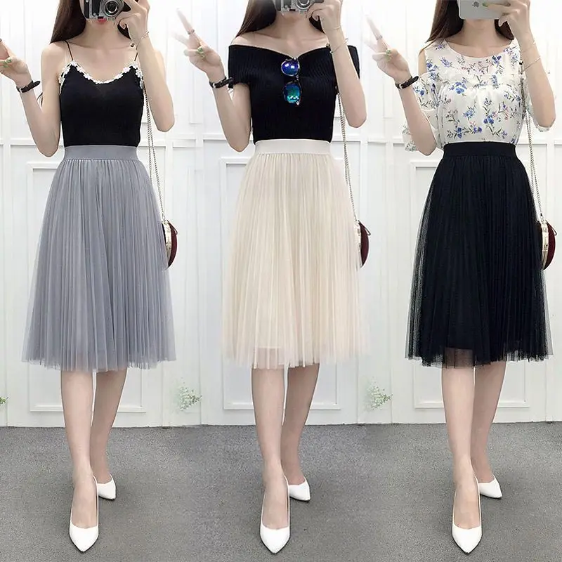 Elegant Women Tulle Skirt Korean Fashion Mesh A Line Ladies Pleated Skirt Summer Chic High Waist Black Party Cute Ruffled Skirt