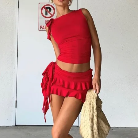 Women's Halter Lace-up Two Pieces Sets Spaghetti Strap Camisole Hip Slim Mini Skirt New Streetwear Female Dress Suit Hot