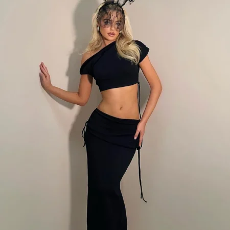 Collar Elegant Women 2 Piece Set Stretch 2024 Summer Short Sleeve Crop Tops+Bandage Maxi Skirts Matching Outfits