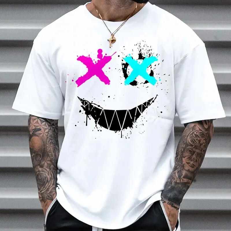 Summer Men's New Fashion Smiley Digital Printing Short-Sleeved T-Shirt Loose Casual Daily Personality Street Hip-Hop Tops