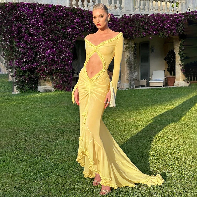 Spring Solid Color Long Sleeve Mesh See Through Low Cut Sexy Floor Tassel Evening Dress