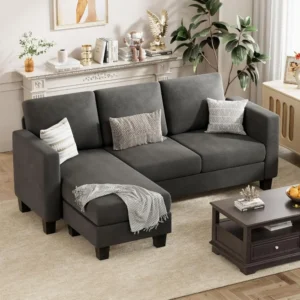 3 Seat L-Shaped Sofa with Linen Fabric, Movable Ottoman Small Couch for Small Apartments, Living Room and Office (Dark Gray)