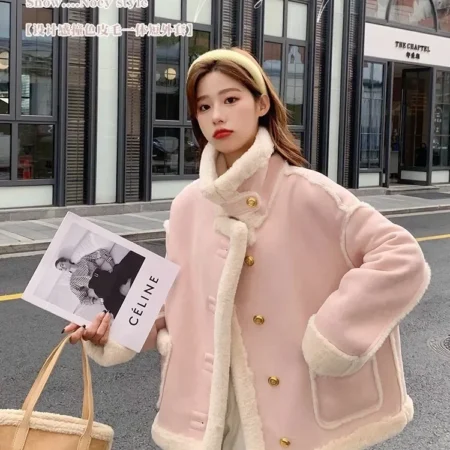 Winter Lambswool Parkas Women Double Side Wear Thick Fleece Coat Female Korean Fashion Cute Preppy Style Single Breasted Jacket
