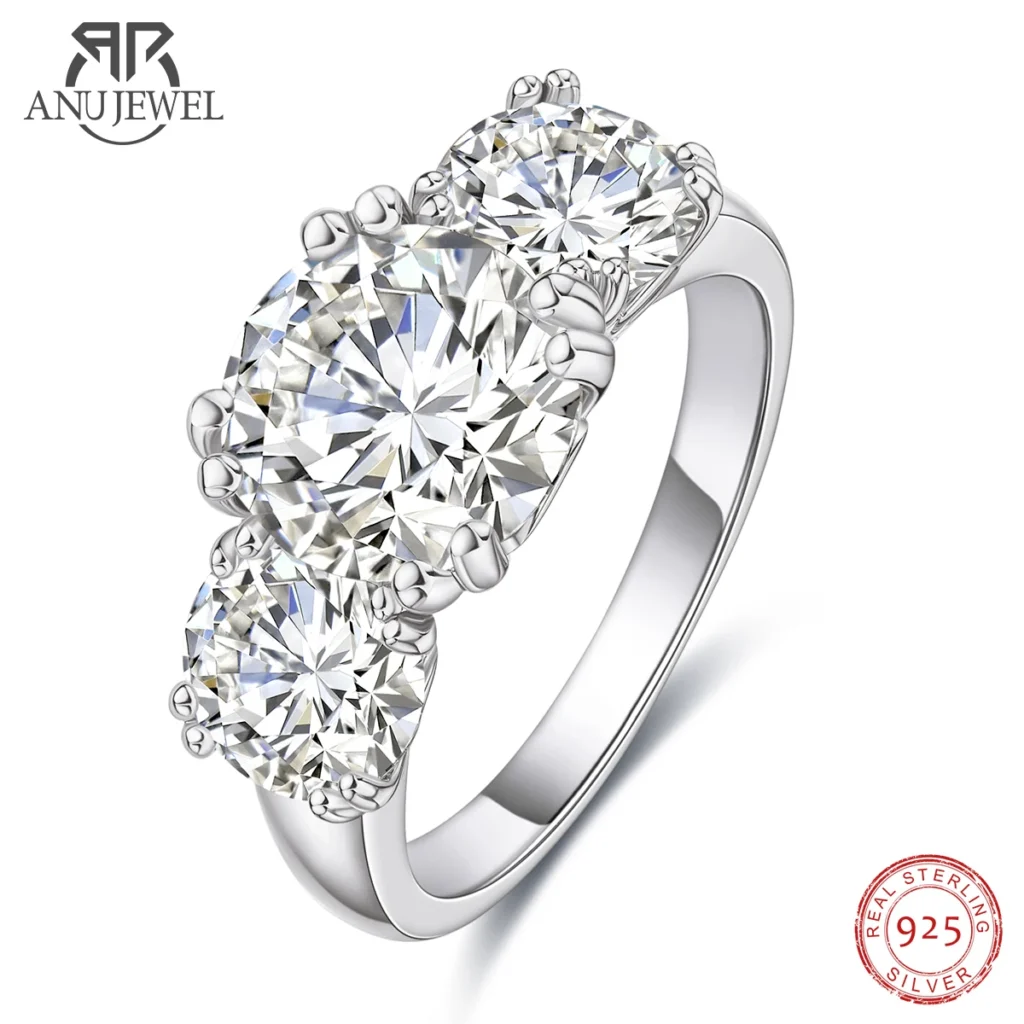 AnuJewel 5cttw D Color Moissanite Luxury Three Stone Engagement Ring 925 Silver Rings 18K Gold Plated Customs Jewelry Wholesale