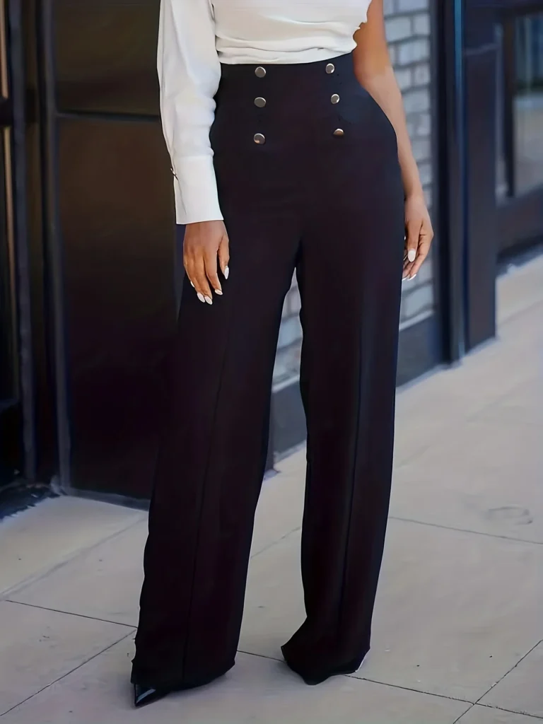 Plus Size Solid Button Decor Straight Leg Pants Elegant High Waist Pants For Spring Summer Women's Plus Size Clothing