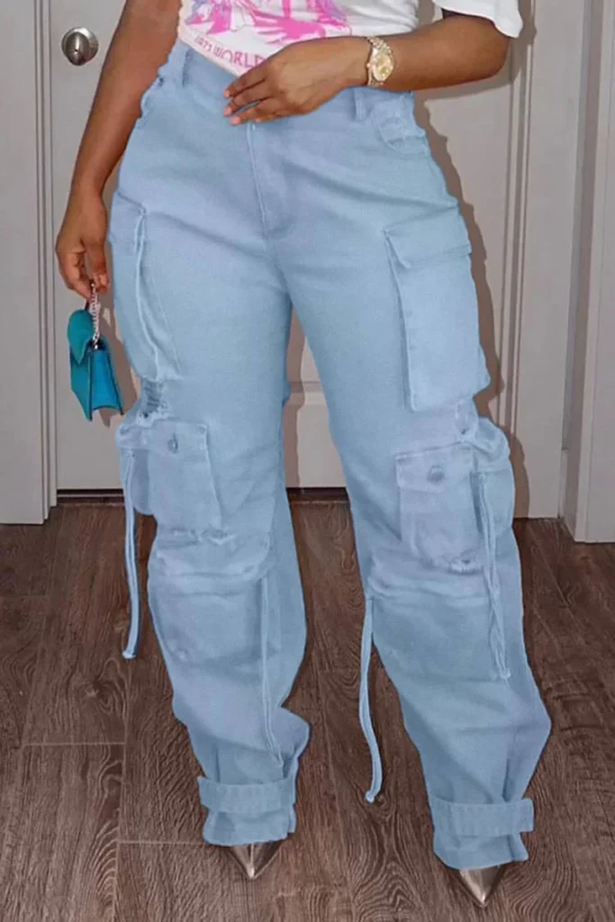 Plus Size Women Streetwear Design Cargo Pants Pockets Buttons Denim Pants Long Trousers High Waist Casual Hip Hop Jeans Pant