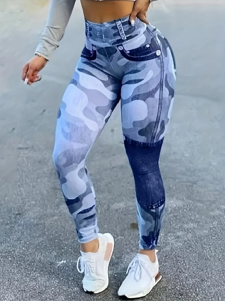 Plus Size Women's Leggings Artificial Denim High Waisted Slim Fit Printed Camouflage Pants Fitness Pants