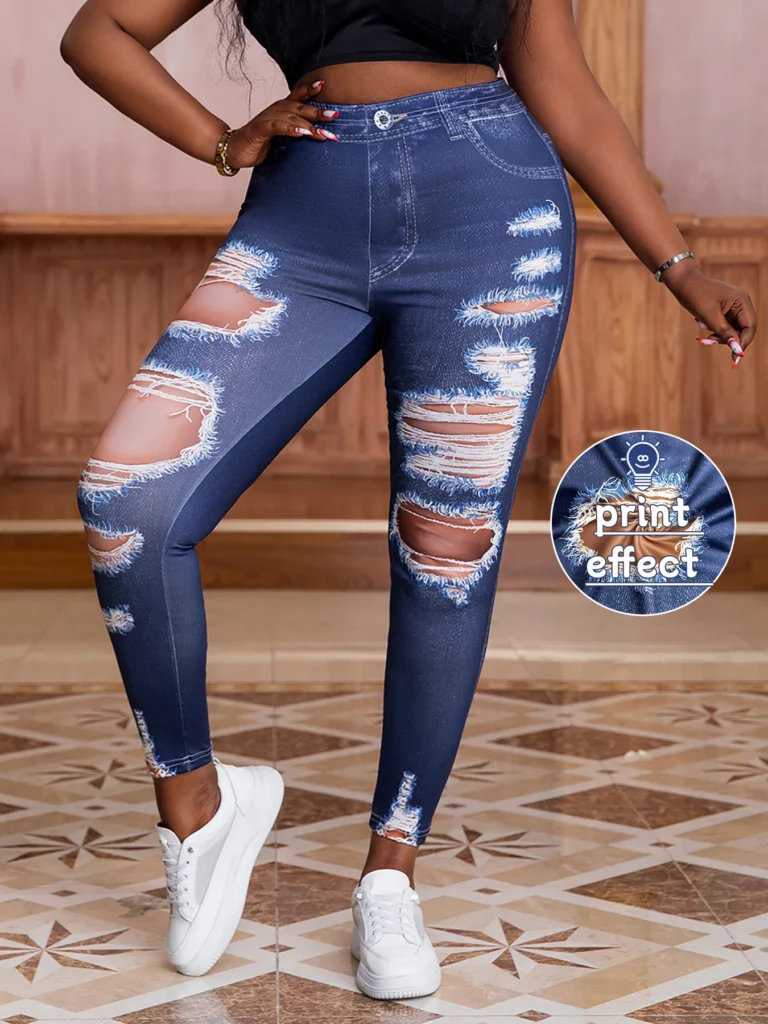 Plus Size Women's Clothing Elasticity Casual Leggings Imitation Denim Printed with Ripped Pattern Fashion Skinny Pants Big