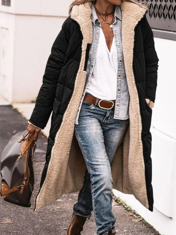 Winter Hooded Quilted Jacket For Women Solid Reversible Long Sleeve Thick Coat Warm Fashion Long Outerwear Casual Puffer Coats - Image 3