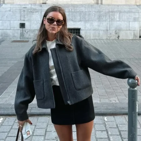 Chic Solid Lapel Zipper Women Woolen Coat Women's Casual Long Sleeve Pocket Short Jackets Fall Winter Lady Highstreet Outwear