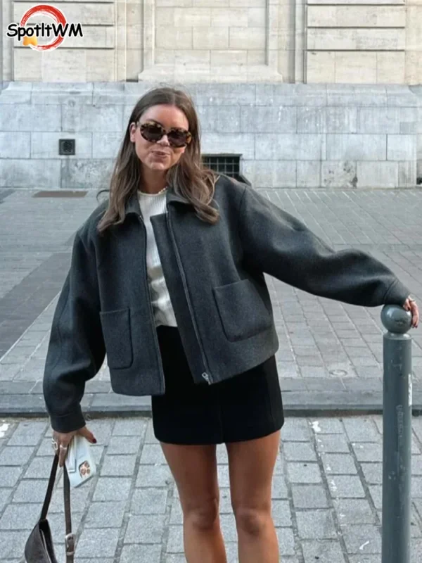 Chic Solid Lapel Zipper Women Woolen Coat Women's Casual Long Sleeve Pocket Short Jackets Fall Winter Lady Highstreet Outwear