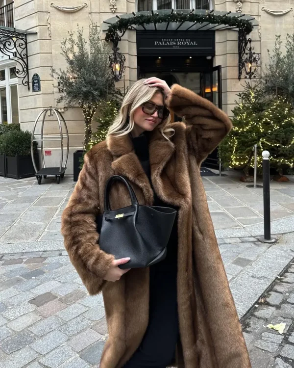 Women's Thick Brown Faux Fur Long Overcoat Fashion Fleece Warm Long Trench Coats Winter Fluffy Plush 2024 New Street Outerwear - Image 2