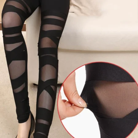 New Nightclub Bandage Sexy Leggings Women Mesh Novelty Pencil Pants Black Leggins Streetwear Jogging