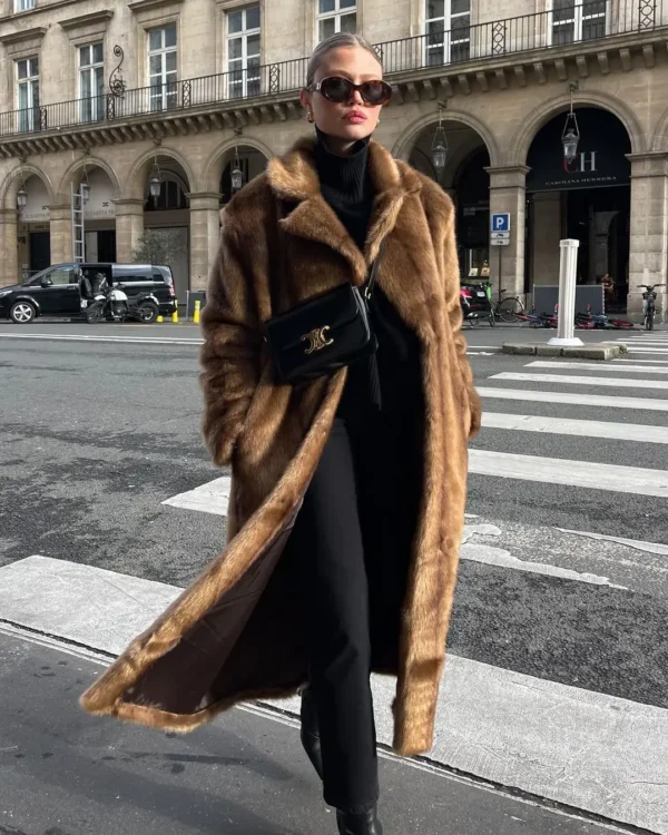 Women's Thick Brown Faux Fur Long Overcoat Fashion Fleece Warm Long Trench Coats Winter Fluffy Plush 2024 New Street Outerwear - Image 6