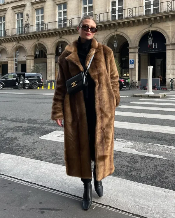 Women's Thick Brown Faux Fur Long Overcoat Fashion Fleece Warm Long Trench Coats Winter Fluffy Plush 2024 New Street Outerwear - Image 5