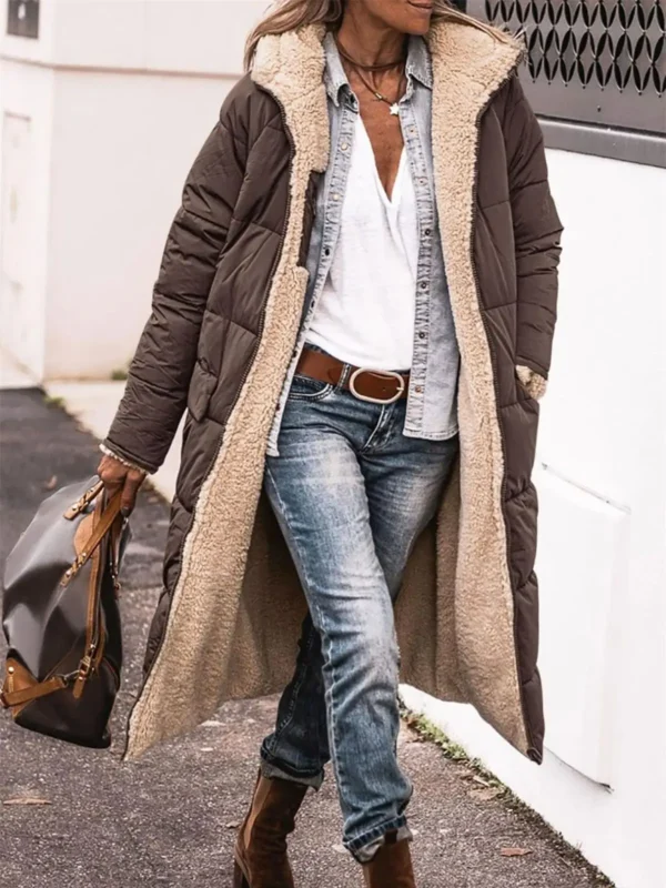 Winter Hooded Quilted Jacket For Women Solid Reversible Long Sleeve Thick Coat Warm Fashion Long Outerwear Casual Puffer Coats - Image 5