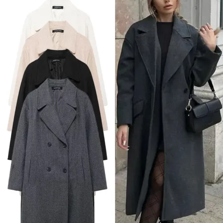 Winter Coat For Women 2024 Solid Lapel Double Breasted Long Cardigan Top Female Pocket Streetwear Woman New In OuterCoat