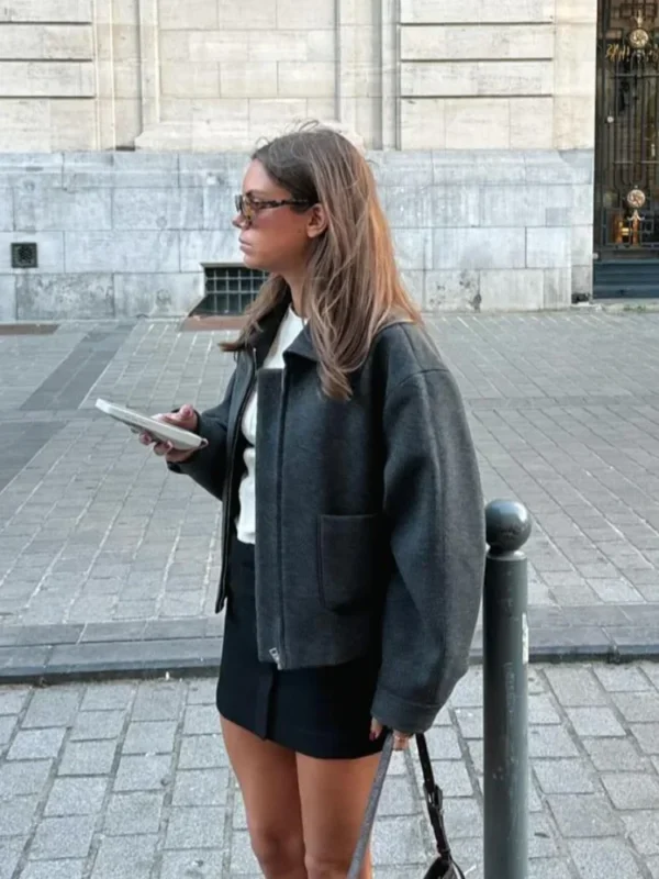 Chic Solid Lapel Zipper Women Woolen Coat Women's Casual Long Sleeve Pocket Short Jackets Fall Winter Lady Highstreet Outwear - Image 3