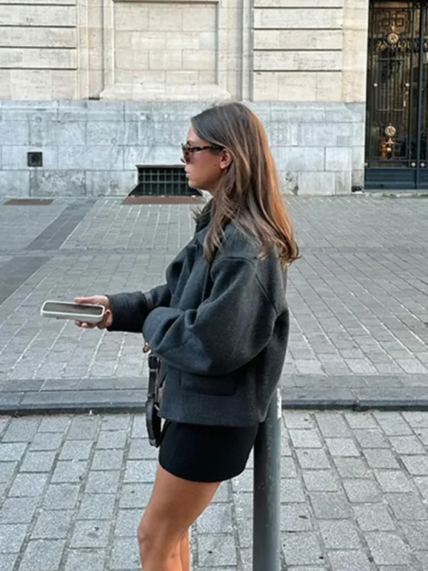 Chic Solid Lapel Zipper Women Woolen Coat Women's Casual Long Sleeve Pocket Short Jackets Fall Winter Lady Highstreet Outwear - Image 5
