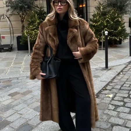 Women's Thick Brown Faux Fur Long Overcoat Fashion Fleece Warm Long Trench Coats Winter Fluffy Plush 2024 New Street Outerwear