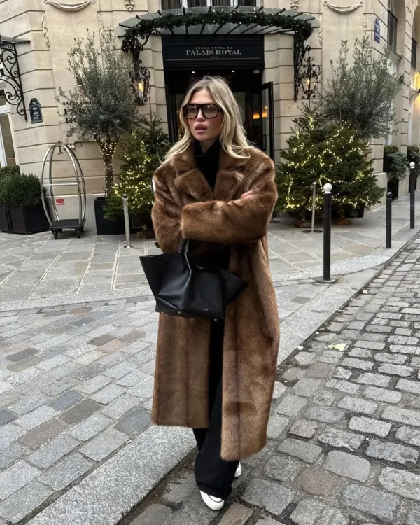 Women's Thick Brown Faux Fur Long Overcoat Fashion Fleece Warm Long Trench Coats Winter Fluffy Plush 2024 New Street Outerwear - Image 3