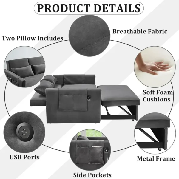 3 in 1 Pull Out Convertible Sofa Bed-Velvet Sleeper Sofa with 3Level Adjustable Backrest,Tufted Love Seat w/ 2Pockets ＆ 2Pillows - Image 6