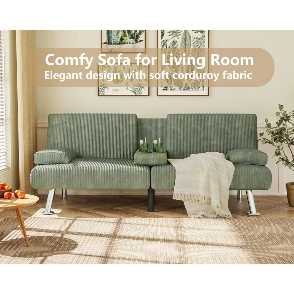 Modern Futon Sofa Bed Folding Recliner Lounge for Living Room with 2 Cup Holders, Removable Armrests (Corduroy, Green)