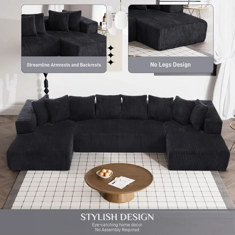 131" Modular Sectional Couch, Luxury Black Sectional Couches for Living Room,Corduroy Couch Sectional Sofa with Chaise Lounge - Image 5