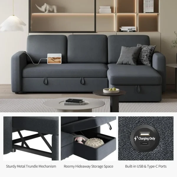 Sectional Sofa L-Shaped Sofa Couch Bed w/Chaise & USB, Reversible Couch Sleeper w/Pull Out Bed & Storage Space - Image 4