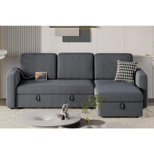 Sectional Sofa L-Shaped Sofa Couch Bed w/Chaise & USB, Reversible Couch Sleeper w/Pull Out Bed & Storage Space - Image 9