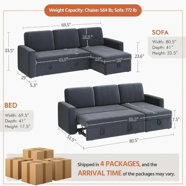 Sectional Sofa L-Shaped Sofa Couch Bed w/Chaise & USB, Reversible Couch Sleeper w/Pull Out Bed & Storage Space - Image 2