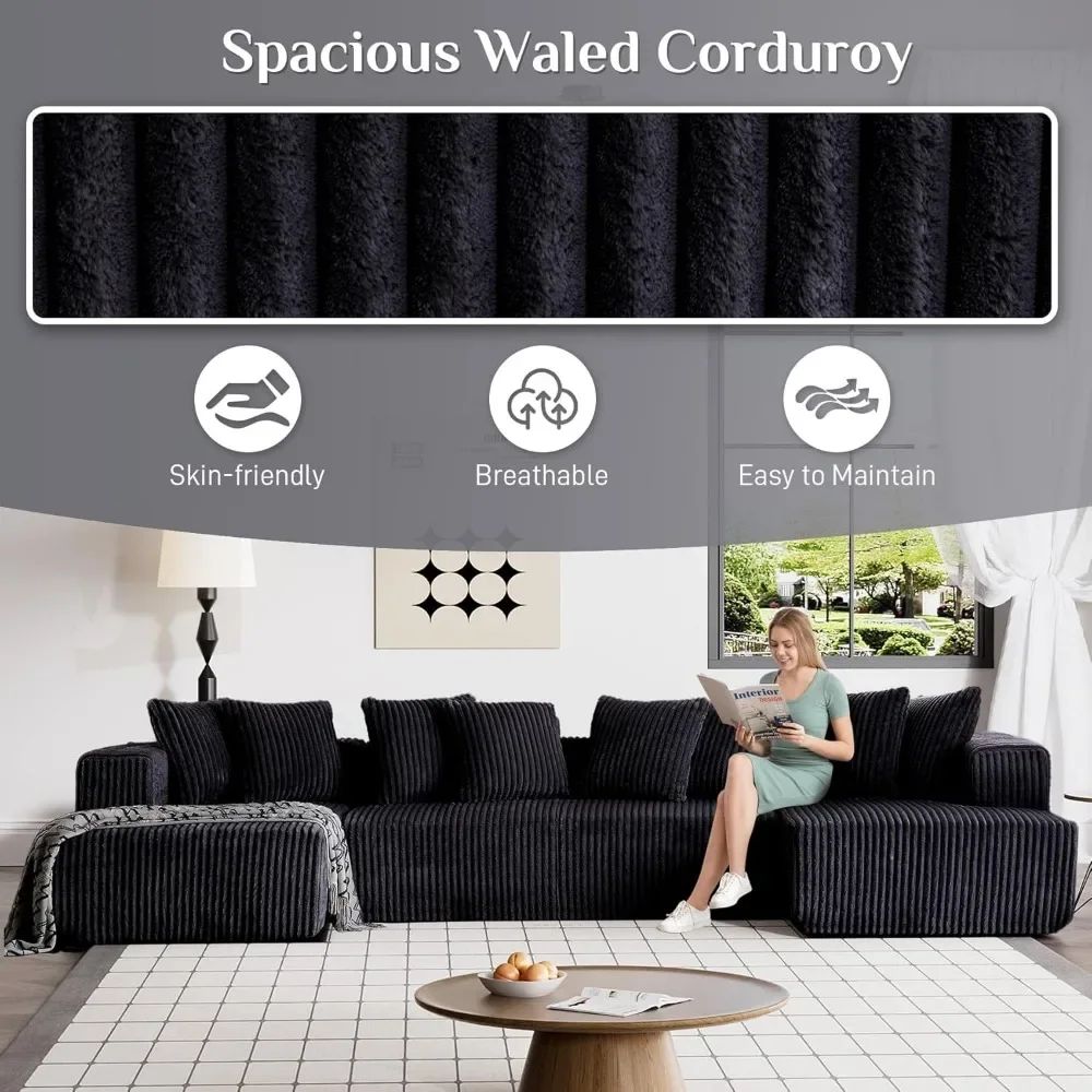131" Modular Sectional Couch, Luxury Black Sectional Couches for Living Room,Corduroy Couch Sectional Sofa with Chaise Lounge - Image 3