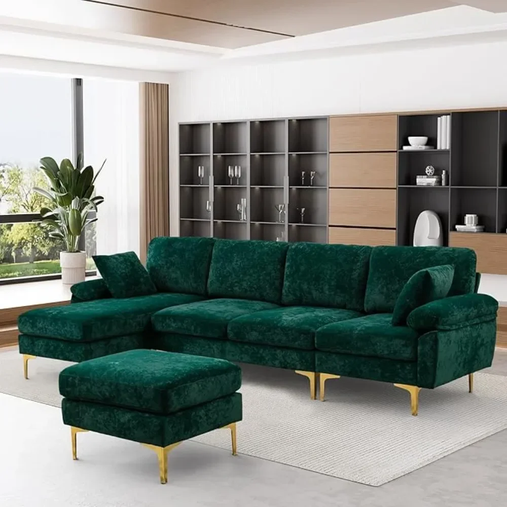 U-Shaped Sectional Sofa Couch, 4 Seat Sofa Set ,Convertible L-Shaped Velvet Couch Set with Chaise Lounge, Ottoman and Pillows