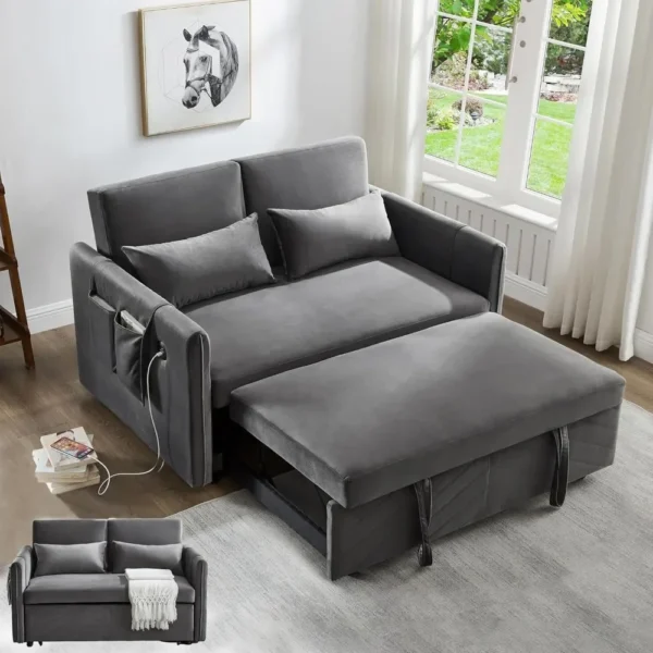 3 in 1 Pull Out Convertible Sofa Bed-Velvet Sleeper Sofa with 3Level Adjustable Backrest,Tufted Love Seat w/ 2Pockets ＆ 2Pillows - Image 2